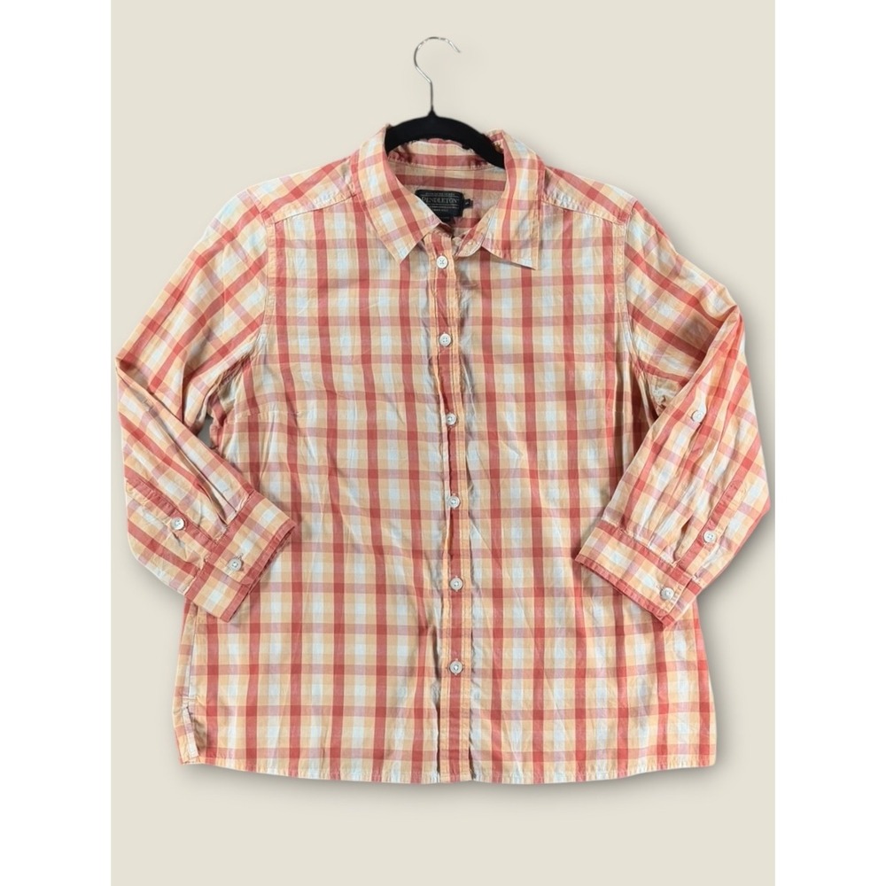 Pendleton Womens Orange Yellow Gingham Plaid Cotton Button Down Shirt Size M